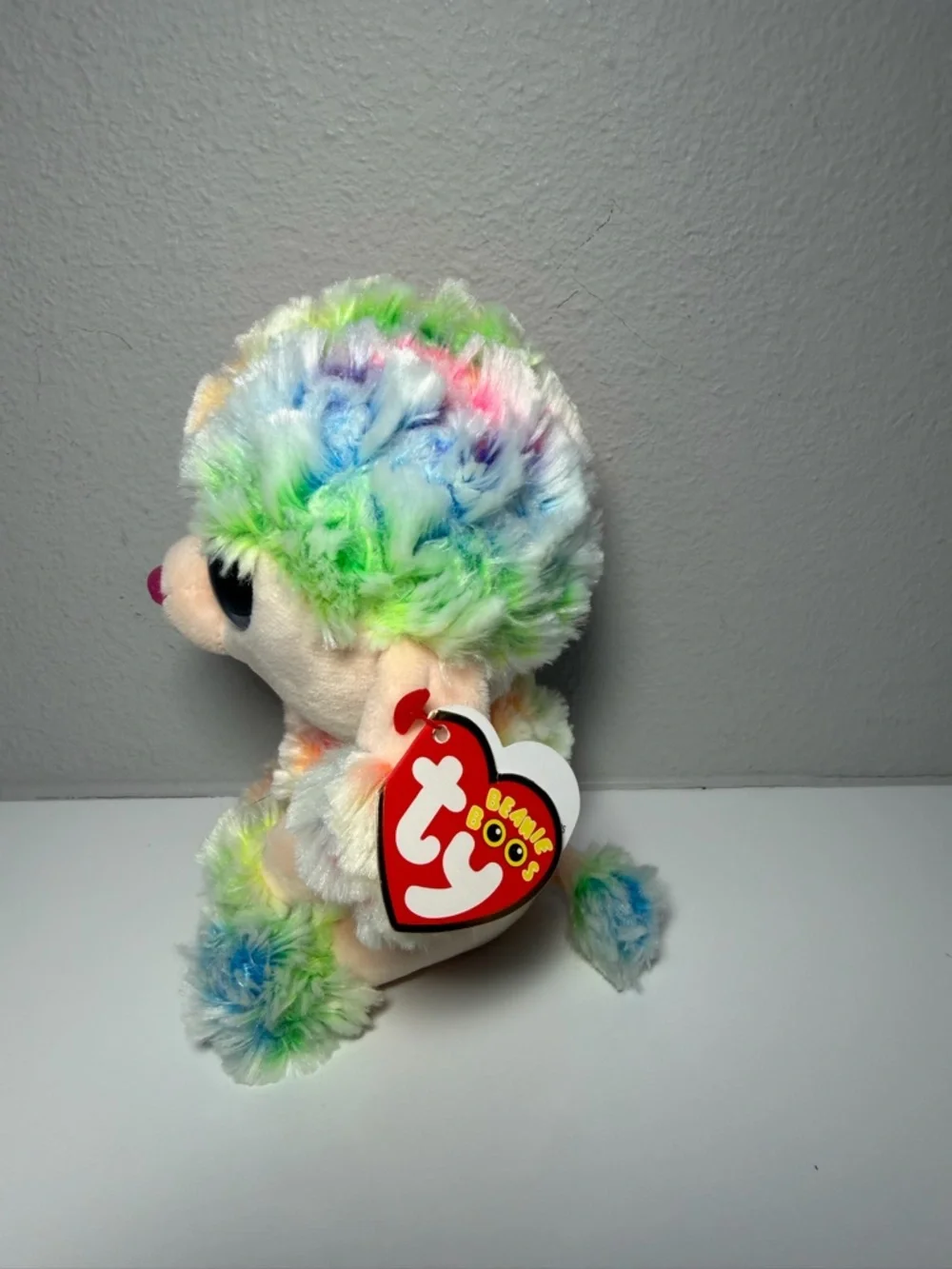 Ty Rainbow Beanie Boo Plush Poodle - Multicolor Fur with Pink Nose - Picture 2 of 7